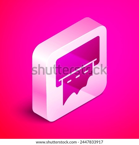 Isometric Paper towel dispenser on wall icon isolated on pink background. Equipment for public toilets, hygiene care and clean hands. Silver square button. Vector Illustration