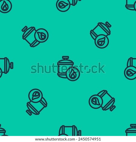 Blue line Propane gas tank icon isolated seamless pattern on green background. Flammable gas tank icon.  Vector