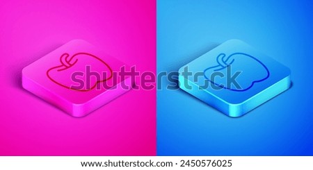 Isometric line Apple icon isolated on pink and blue background. Excess weight. Healthy diet menu. Fitness diet apple. Square button. Vector