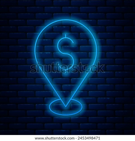 Glowing neon line Cash location pin icon isolated on brick wall background. Pointer and dollar symbol. Money location. Business and investment concept.  Vector