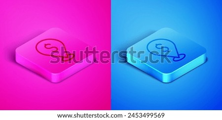 Isometric line Cash location pin icon isolated on pink and blue background. Pointer and dollar symbol. Money location. Business and investment concept. Square button. Vector