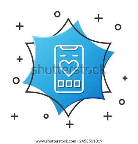 White line Smartphone with heart rate monitor function icon isolated on white background. Blue hexagon button. Vector