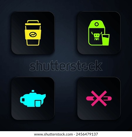 Set No Smoking, Coffee cup to go, Teapot with and Paper package for milk. Black square button. Vector