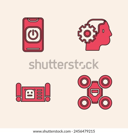 Set Drone, Turn off robot from phone, Humanoid and Robot blueprint icon. Vector