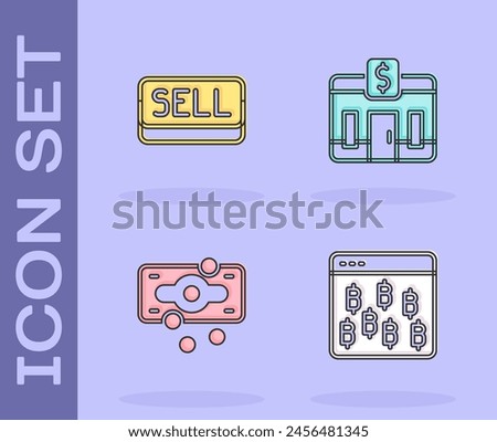 Set Bitcoin in browser, Sell button, Stacks paper money cash and Bank building icon. Vector
