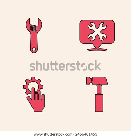 Set Hammer, Adjustable wrench, Location with and Settings in the hand icon. Vector