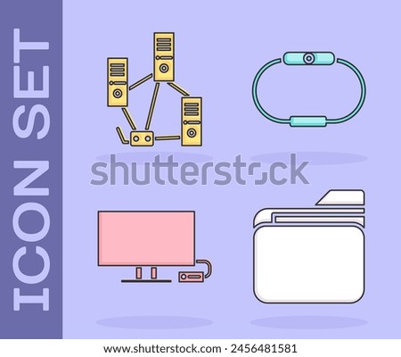 Set Document folder, Computer network, Smart Tv and Smartwatch icon. Vector
