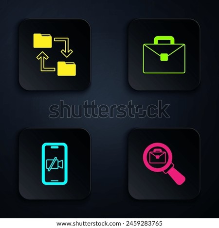 Set Magnifying glass with briefcase, Cloud storage document folder, Video camera Off on mobile and Briefcase. Black square button. Vector