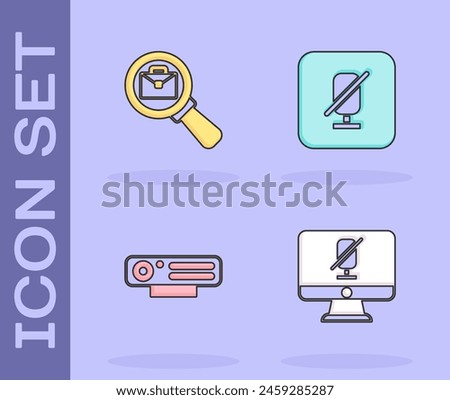 Set Mute microphone on computer, Magnifying glass with briefcase, Web camera and  icon. Vector