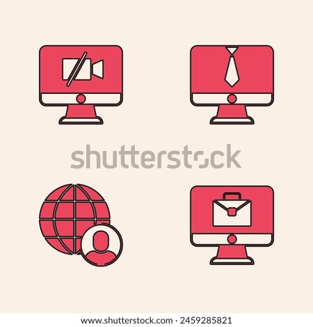 Set Online working, Video camera Off on computer, chat conference and Freelancer icon. Vector