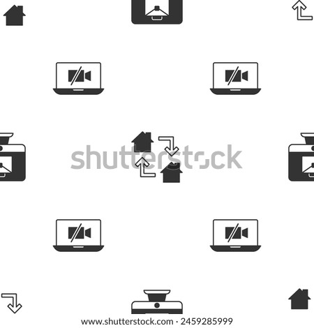 Set Online working,  and Video camera Off on laptop on seamless pattern. Vector