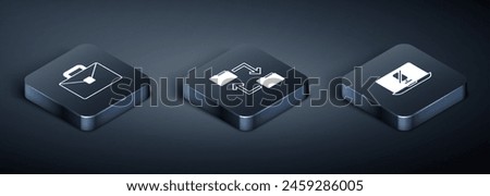 Set Isometric Briefcase, Mute microphone on laptop and Cloud storage document folder icon. Vector