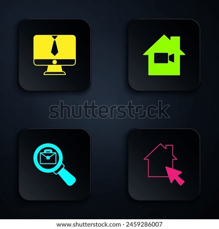 Set Online working, Video chat conference, Magnifying glass with briefcase and camera Off home. Black square button. Vector