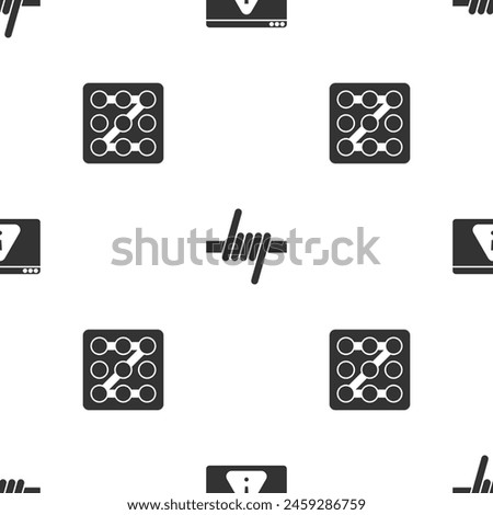 Set Browser with exclamation mark, Barbed wire and Graphic password protection on seamless pattern. Vector