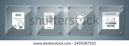 Set Browser window, Light bulb with concept of idea, Mobile phone and Certificate template. Square glass panels. Vector