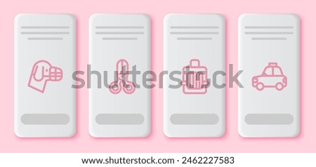 Set line Dog in muzzle, Scissors hairdresser, Pet carry case and taxi. White rectangle button. Vector