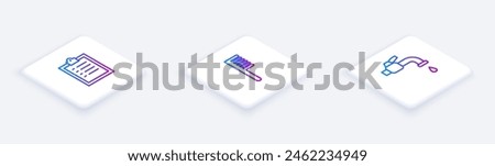 Set Isometric line Clipboard with checklist, Hairbrush and Water tap. White square button. Vector