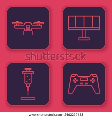 Set line Drone flying, Syringe, Solar energy panel and Gamepad. Blue square button. Vector