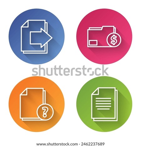 Set line Next page arrow, Finance document folder, Unknown document and Document. Color circle button. Vector