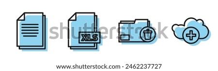 Set line Delete folder, Document, XLS file document and Add cloud icon. Vector