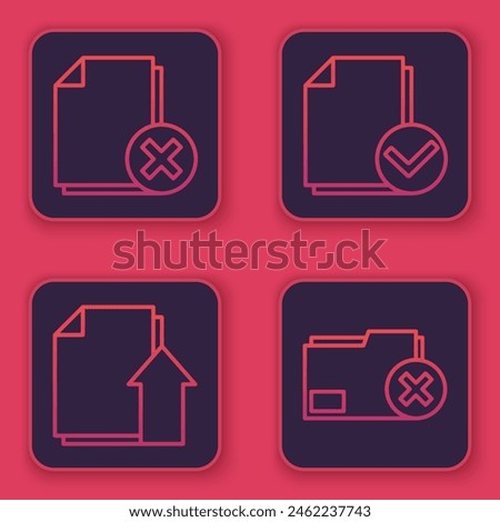 Set line Delete file document, Upload file document, Document and check mark and Delete folder. Blue square button. Vector