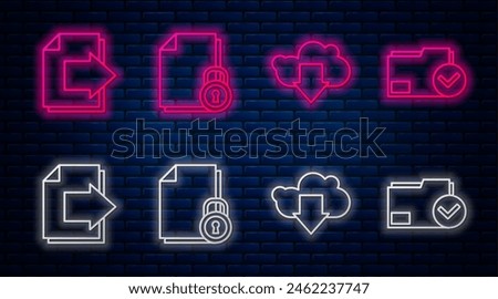Set line Document and lock, Cloud download, Next page arrow and Document folder and check mark. Glowing neon icon on brick wall. Vector