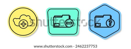 Set line Add cloud, Document folder with minus and Unknown document folder. Colored shapes. Vector