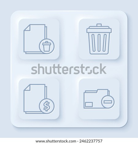 Set line Delete file document, Trash can, Finance document and Document folder with minus. White square button. Vector