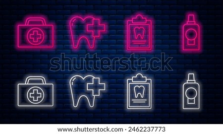 Set line Dental clinic for dental care tooth, Clipboard with dental card, First aid kit and Mouthwash plastic bottle. Glowing neon icon on brick wall. Vector
