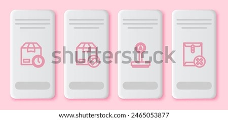Set line Cardboard box with clock, Carton cardboard, Scale and Delete envelope. White rectangle button. Vector