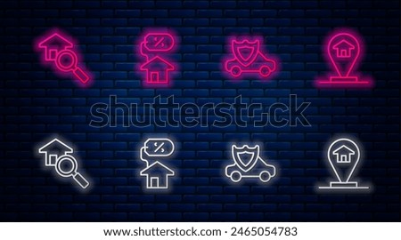 Set line House with percant, Car shield, Search house and Location. Glowing neon icon on brick wall. Vector