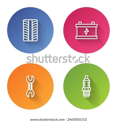 Set line Car tire wheel, battery, Wrench spanner and spark plug. Color circle button. Vector