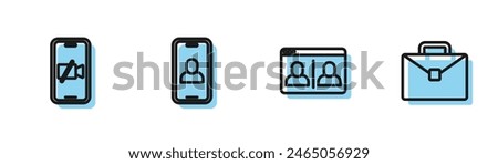 Set line Video chat conference, camera Off mobile,  and Briefcase icon. Vector