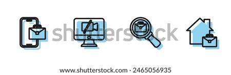Set line Magnifying glass with briefcase, Freelancer, Video camera Off on computer and Online working icon. Vector