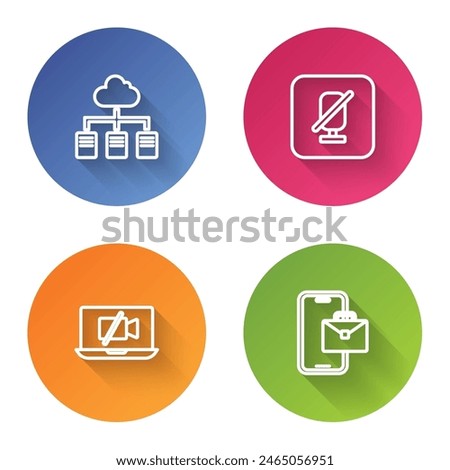 Set line Online working, Mute microphone, Video camera Off laptop and Freelancer. Color circle button. Vector