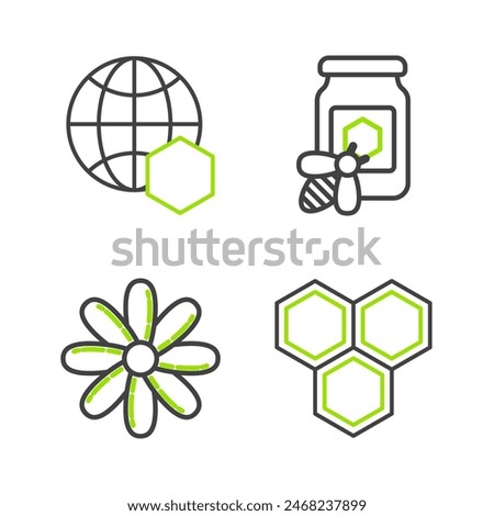 Set line Honeycomb, Flower, Jar of honey with bee and map the world icon. Vector