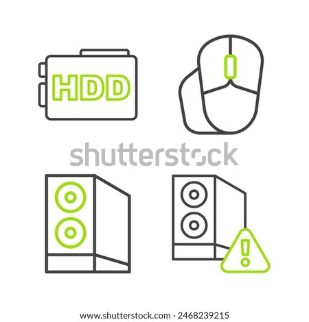 Set line Case of computer, Computer mouse and Hard disk drive HDD icon. Vector