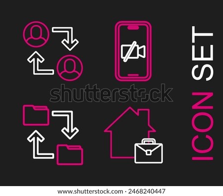 Set line Online working, Cloud storage document folder, Video camera Off on mobile and Project team base icon. Vector