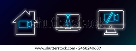 Set line Video camera Off on computer, in home and chat conference icon. Glowing neon. Vector