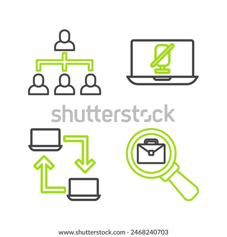 Set line Magnifying glass with briefcase, Online working, Mute microphone on laptop and Hierarchy organogram chart icon. Vector