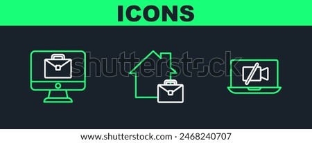Set line Video camera Off on laptop, Online working and  icon. Vector