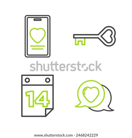 Set line Heart in speech bubble, Calendar with February 14, Key heart shape and Online dating app and chat icon. Vector