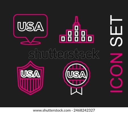 Set line Medal with star, Shield stars, City landscape and USA Independence day icon. Vector