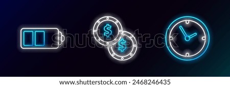 Set line Clock, Battery charge level indicator and Coin money with dollar symbol icon. Glowing neon. Vector