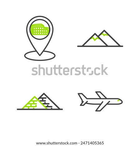 Set line Plane, Egypt pyramids, Mountains and Map pointer with Coliseum Rome, Italy icon. Vector