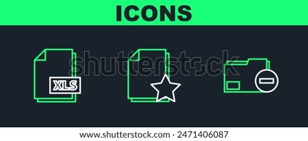 Set line Document folder with minus, XLS file document and star icon. Vector