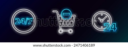 Set line Clock 24 hours,  and Remove shopping cart icon. Glowing neon. Vector