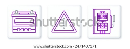 Set line Electrical panel, Car battery and Exclamation mark in triangle icon. Vector