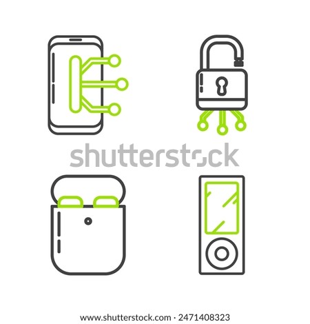 Set line Music player, Air headphones in box, Lock digital circuit board and Smartphone, mobile icon. Vector