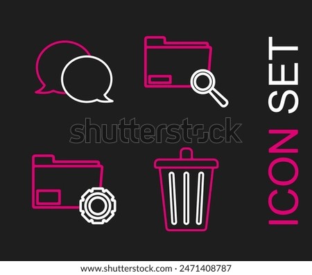 Set line Trash can, Folder settings with gears, Search concept folder and Speech bubble chat icon. Vector
